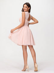 Illusion Neck Chiffon and Lace Dress-Pearl Pink