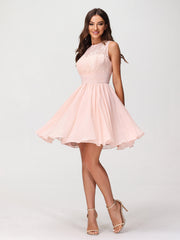 Illusion Neck Chiffon and Lace Dress-Pearl Pink