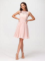 Illusion Neck Chiffon and Lace Dress-Pearl Pink