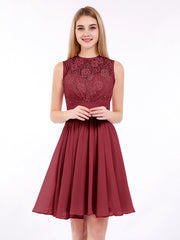Illusion Neck Chiffon and Lace Dress-Burgundy
