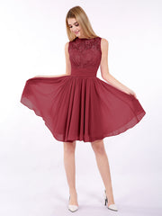 Illusion Neck Chiffon and Lace Dress-Burgundy