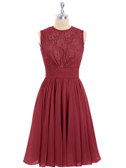 Illusion Neck Chiffon and Lace Dress-Burgundy