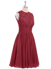 Illusion Neck Chiffon and Lace Dress-Burgundy