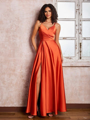 V-neck Spaghetti Straps Satin Maxi Dresses with Pocket Burnt Orange