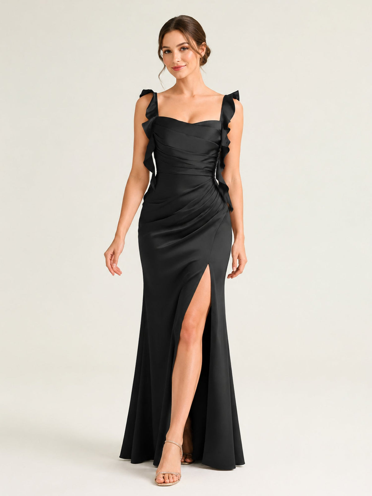 Satin Maxi Gown with Ruffled Straps and Ruched Bodice Black