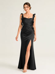 Satin Maxi Gown with Ruffled Straps and Ruched Bodice Black