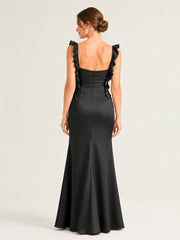 Satin Maxi Gown with Ruffled Straps and Ruched Bodice Black