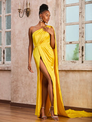 One Shoulder Sleeveless Long Dress With Ribbons Marigold