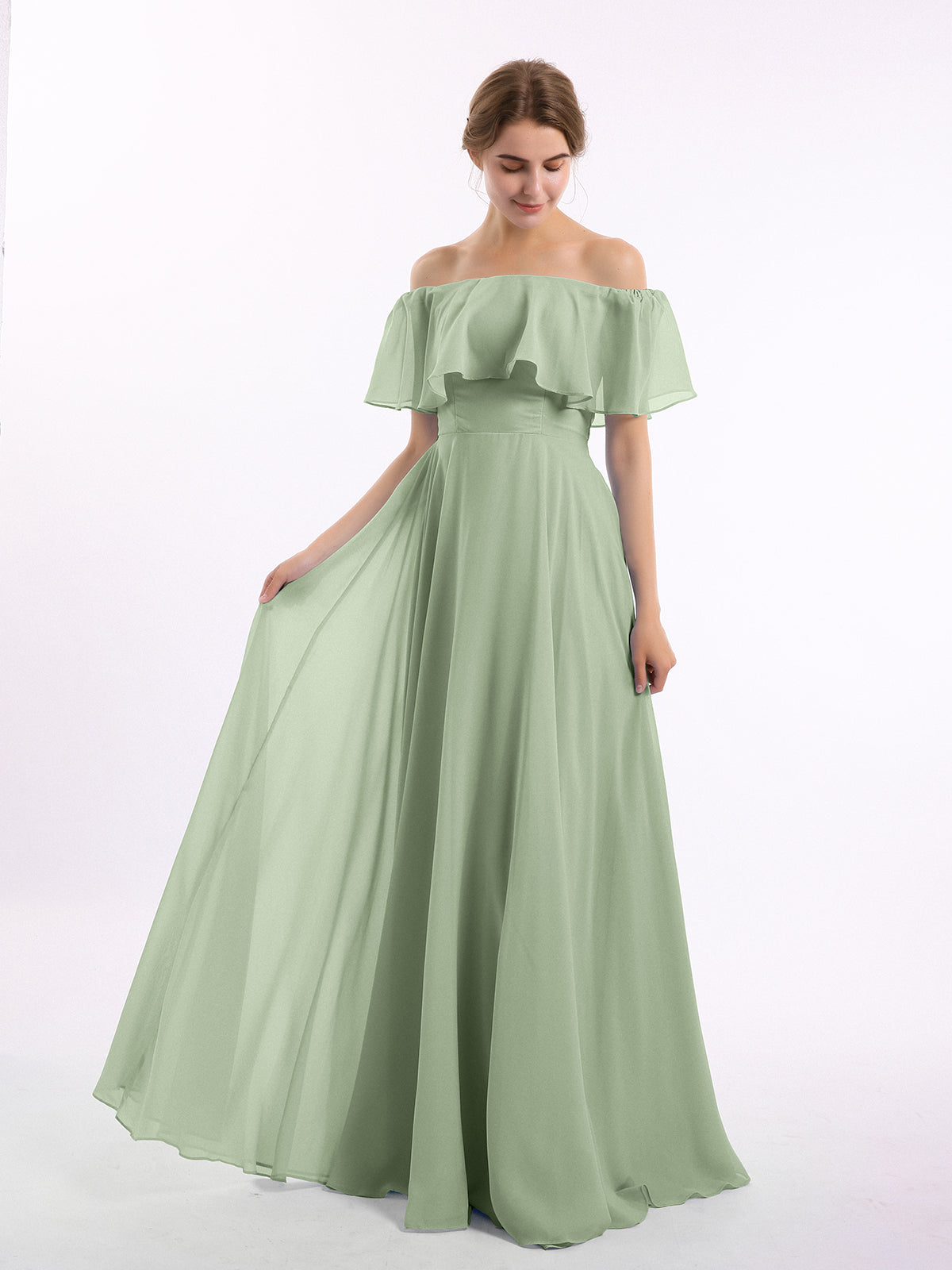 Off the Shoulder Chiffon Full Length Dress-Dusty Sage