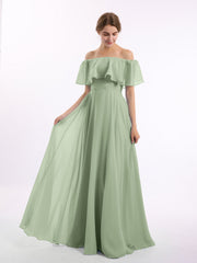 Off the Shoulder Chiffon Full Length Dress-Dusty Sage