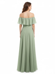 Off the Shoulder Chiffon Full Length Dress-Dusty Sage