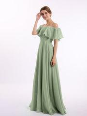 Off the Shoulder Chiffon Full Length Dress-Dusty Sage