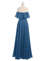 Off the Shoulder Chiffon Full Length Dress-Ink Blue