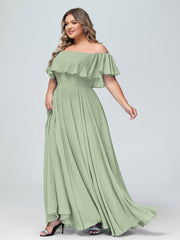 Off the Shoulder Chiffon Full Length Dress-Dusty Sage