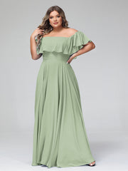 Off the Shoulder Chiffon Full Length Dress-Dusty Sage