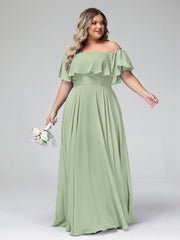 Off the Shoulder Chiffon Full Length Dress-Dusty Sage