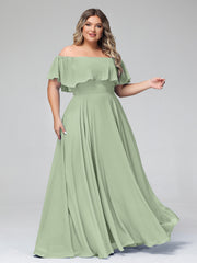 Off the Shoulder Chiffon Full Length Dress-Dusty Sage