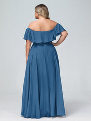 Off the Shoulder Chiffon Full Length Dress-Ink Blue