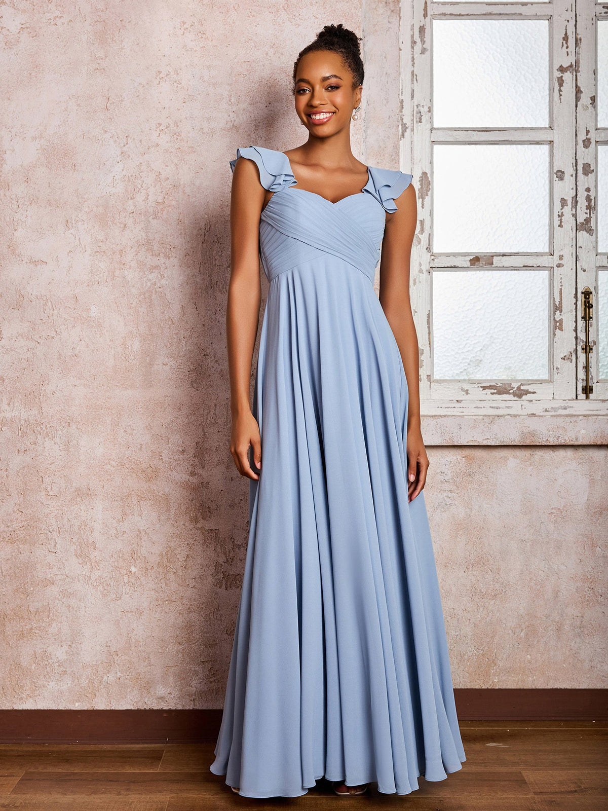 Ruffle Straps Empire Long Chiffon Bridesmaid Dresses Dusty Blue