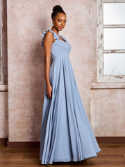 Ruffle Straps Empire Long Chiffon Bridesmaid Dresses Dusty Blue