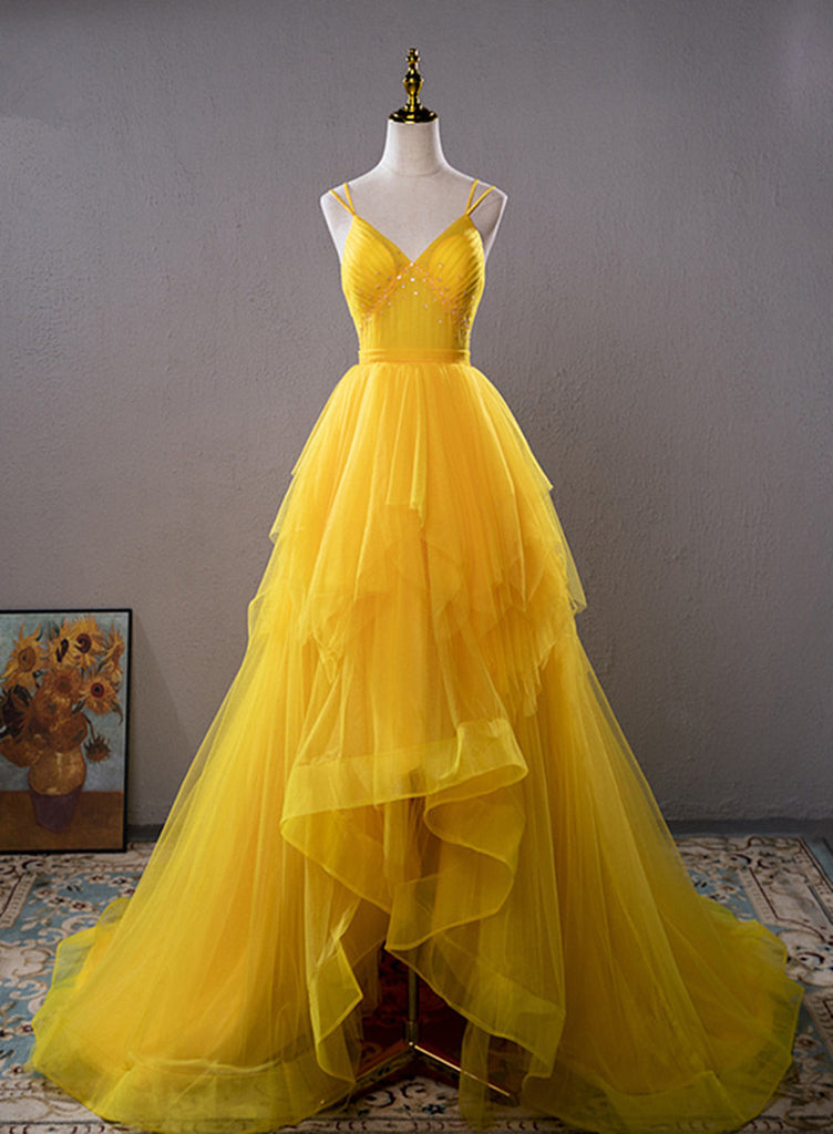 Yellow v neck tulle long prom dress high low long yellow graduation dress