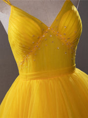 Yellow v neck tulle long prom dress high low long yellow graduation dress