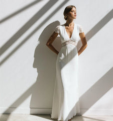 Vintage Boho Wedding Dress Short Sleeve Mermaid Backless Lace Train