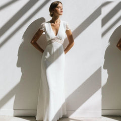 Vintage Boho Wedding Dress Short Sleeve Mermaid Backless Lace Train
