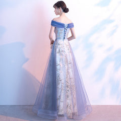 Light Blue Off Shoulder Tulle with Lace Long Evening Dress Prom Dress, Blue Formal Dresses
