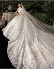 Wedding Dress Elegant Boat Neck Gown with Train Luxury Lace