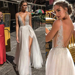 Boho Wedding Dress Sexy V Neck High Split Tulle Gown