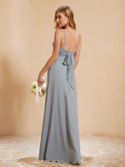 Sweetheart Pleated Long Dress With Slit Dusty Blue