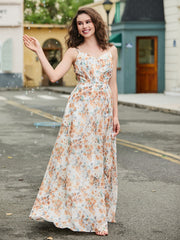 Sweetheart Pleated Long Dress With Slit Sunset Floral