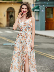 Sweetheart Pleated Long Dress With Slit Sunset Floral