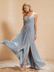 Sweetheart Pleated Long Dress With Slit Dusty Blue