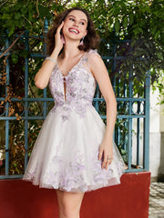 Plunging V-Neck Lace Appliqued Cocktail Dress Ivory