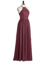 Chiffon Maxi Halter Dress with Lace Bodice-Cabernet