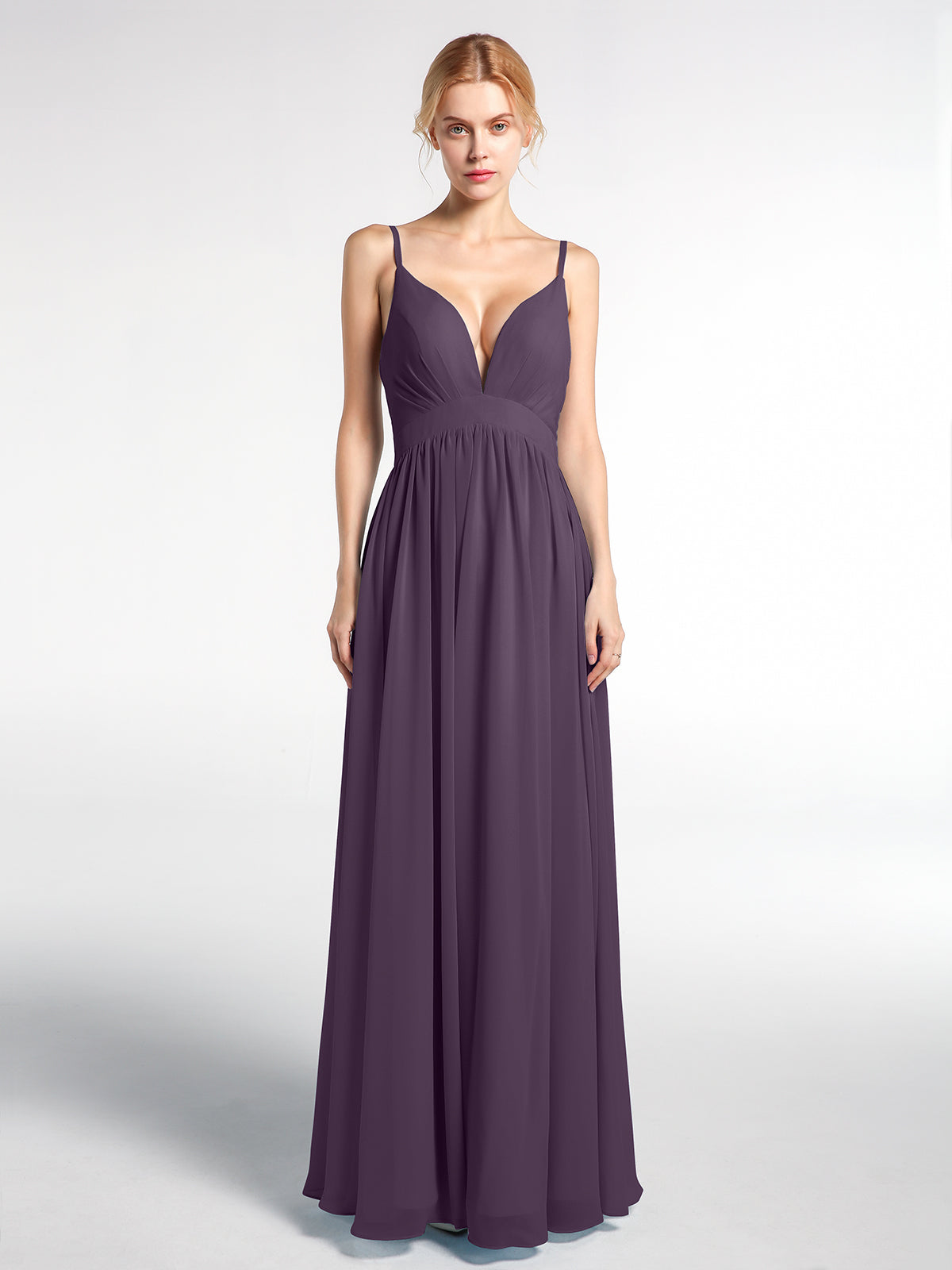 Deep V-neck Empire Waist Chiffon Long Dress-Plum