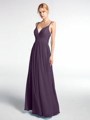 Deep V-neck Empire Waist Chiffon Long Dress-Plum