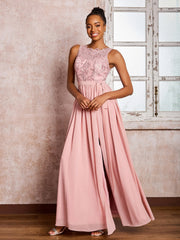 Illusion Neck Lace Top Chiffon Skirt Maxi Dresses with Bow Dusty Rose