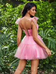 Floral Print Pleated Bodice Short Prom Dress Candy Pink