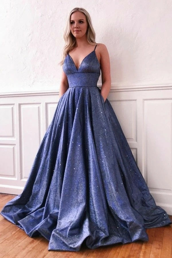 A Line Glitter Metallic Prom Dresses With Pockets Spaghetti Strap