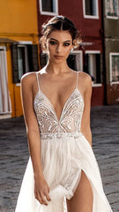 Customized Beach Tulle Wedding Dresses Boho Side Split A-Line