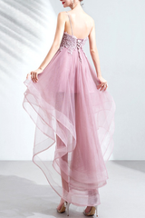 High Low Spaghetti Straps Tulle Homecoming Dresses with Appliques V Neck Prom Dresses Short