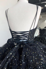 High Low Black Long Formal Dresses V neckline Tulle Prom Dresses Layers