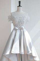 High Low Off Shoulder Gray Lace Prom Dress Short Homecoming Dresses