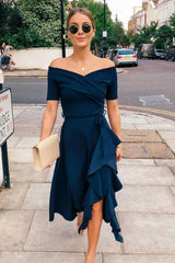 High Low Off Shoulder Navy Blue Prom Dress, Tea Length High Low Navy Blue Formal Graduation Evening Dress A1648