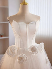 High Low Strapless White Prom Dresses with 3D Flowers, White Floral Homecoming Dresses, White Formal Evening Dresses