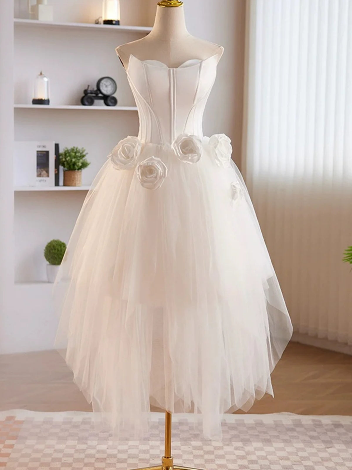 High Low Strapless White Prom Dresses with 3D Flowers, White Floral Homecoming Dresses, White Formal Evening Dresses