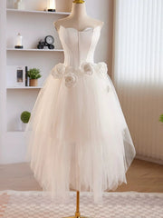 High Low Strapless White Prom Dresses with 3D Flowers, White Floral Homecoming Dresses, White Formal Evening Dresses